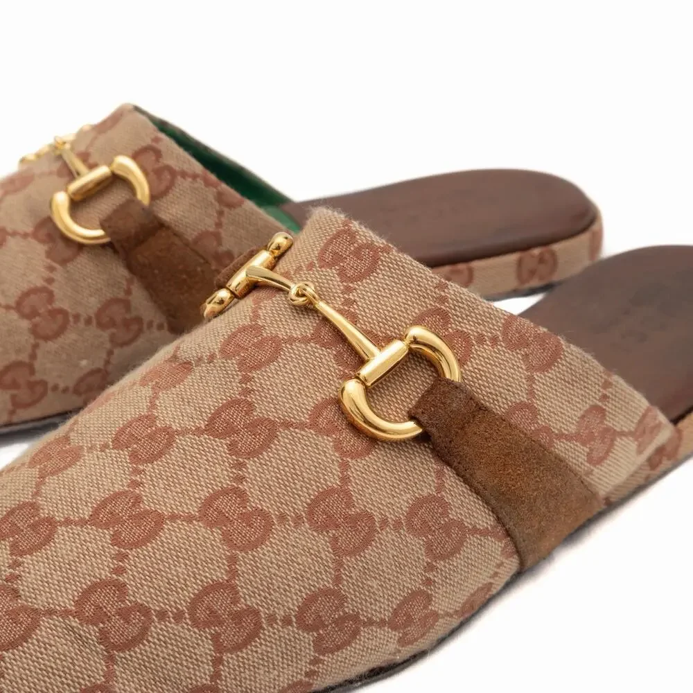 Gucci Men’s Pericle Canvas Monogram Brown Horsebit Slippers Mules 43.5 US10.